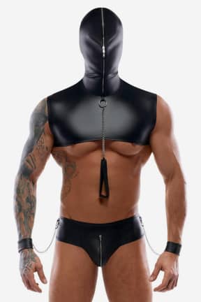 Lingeri Bondage Set Matte Black - Bondage sæt til mænd! Hætte og rem med lynlåse og en sexet mat cropped top. Snor og håndjern medfølger.