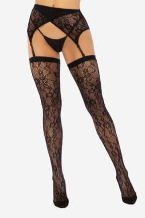 Lingeri Lace Thigh Tighs And Garterbelt Black - Strømpebåndsholder, inkluderet stayups i sexet fiskenet