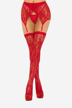 Lingeri Lace Thigh Tighs And Garterbelt Red - Sexede strømpebukser