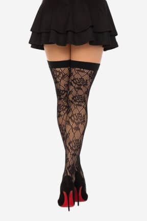 Lingeri Wild Rose Net Thigh Highs Black - Stayups med blomstrede blonder