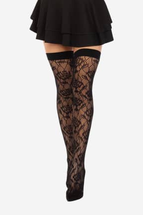 Lingeri Wild Rose Net Thigh Highs Black - Stayups med blomstrede blonder