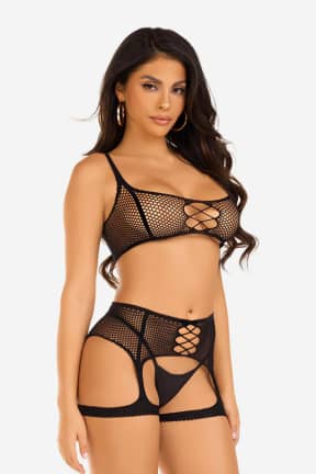 Lingeri Top And Garter Harness Black - BH og seler i net-stil