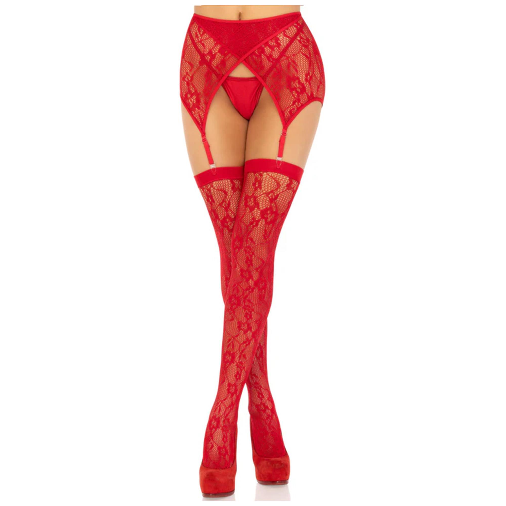 Brug Lace Thigh Tighs And Garterbelt Red til en forbedret oplevelse